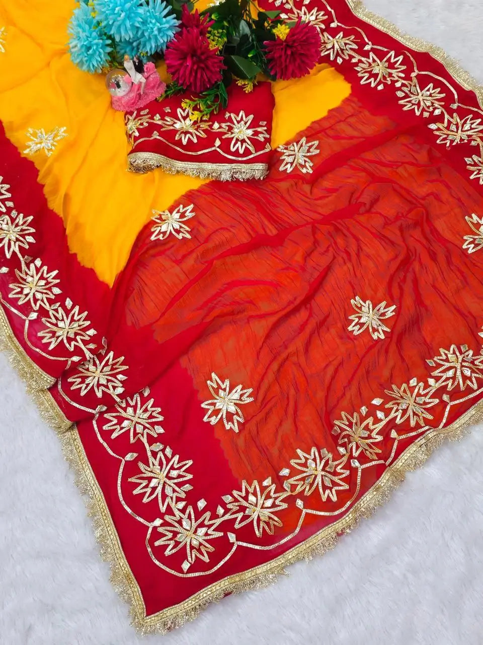 Red & Yellow Pure Chiffon Saree with Original Kachhi Gotta patti Work