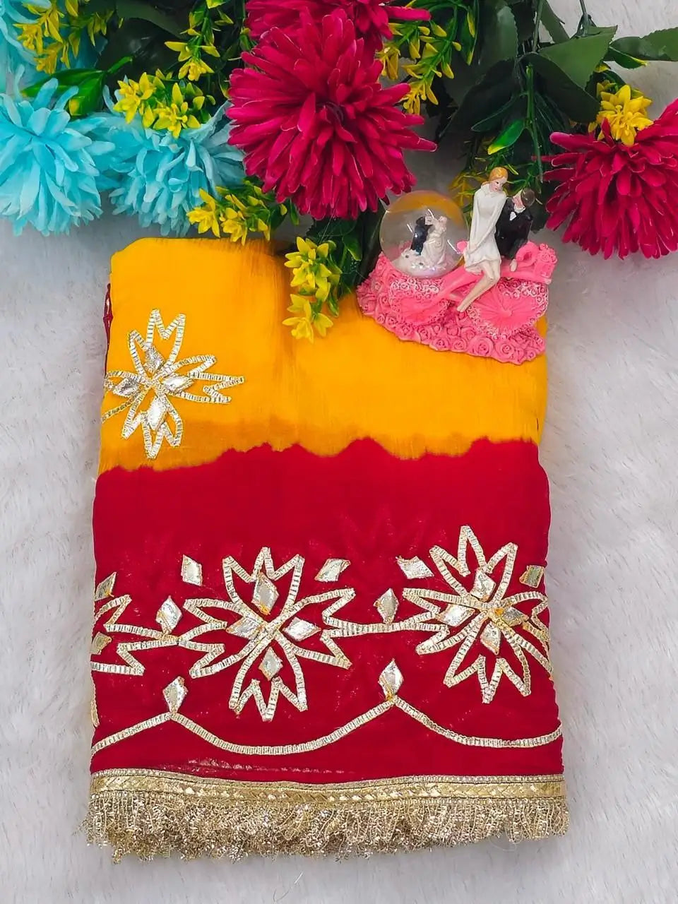 Red & Yellow Pure Chiffon Saree with Original Kachhi Gotta patti Work