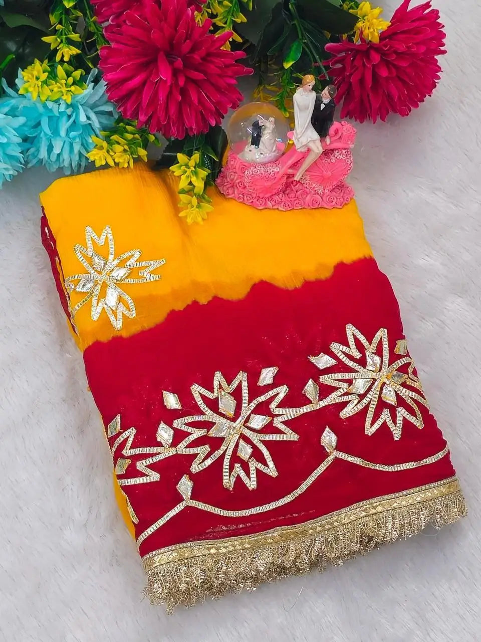 Red & Yellow Pure Chiffon Saree with Original Kachhi Gotta patti Work
