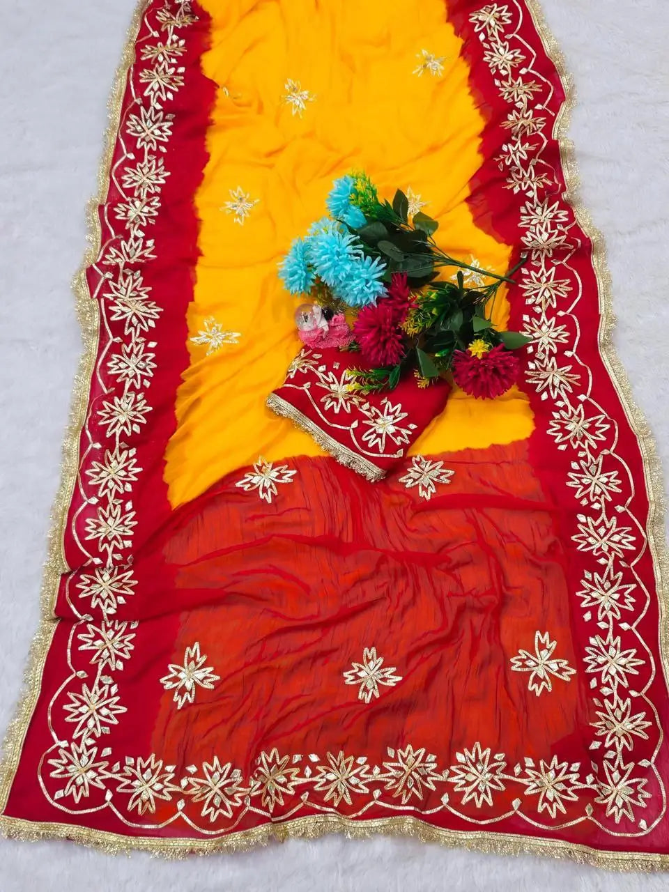 Red & Yellow Pure Chiffon Saree with Original Kachhi Gotta patti Work