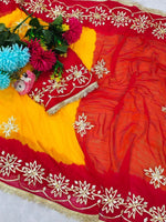 Red & Yellow Pure Chiffon Saree with Original Kachhi Gotta patti Work