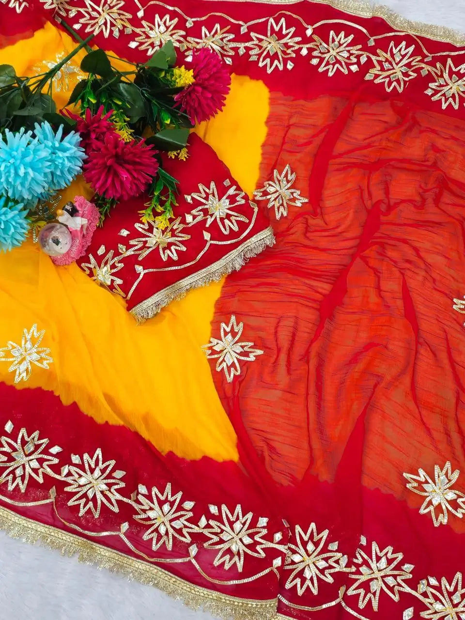 Red & Yellow Pure Chiffon Saree with Original Kachhi Gotta patti Work