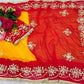 Red & Yellow Pure Chiffon Saree with Original Kachhi Gotta patti Work