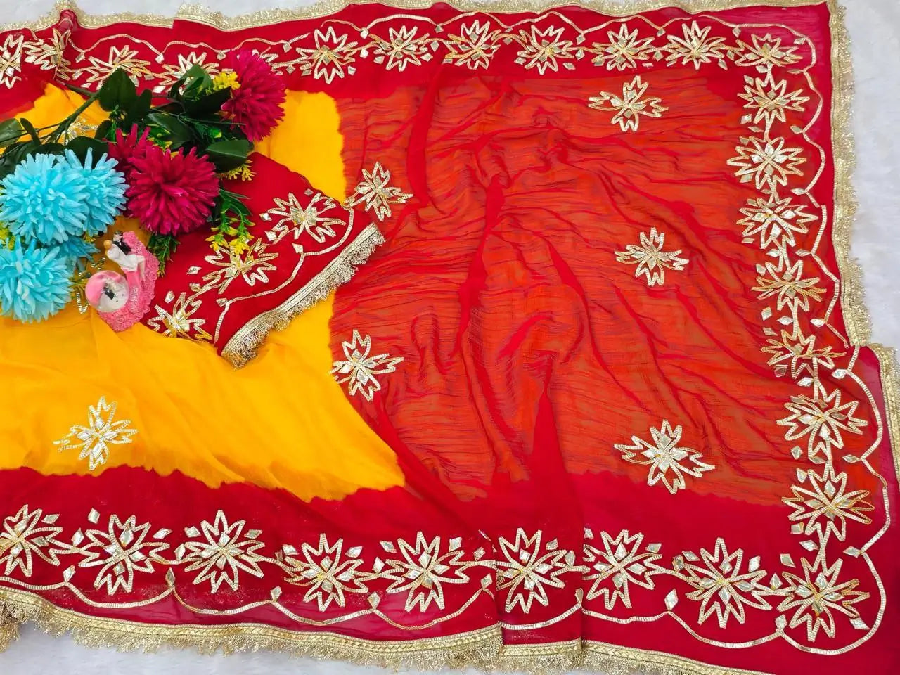 Red & Yellow Pure Chiffon Saree with Original Kachhi Gotta patti Work