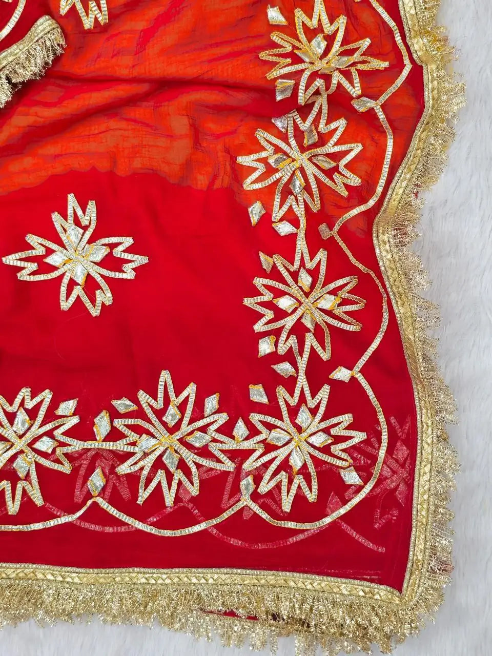 Red & Yellow Pure Chiffon Saree with Original Kachhi Gotta patti Work