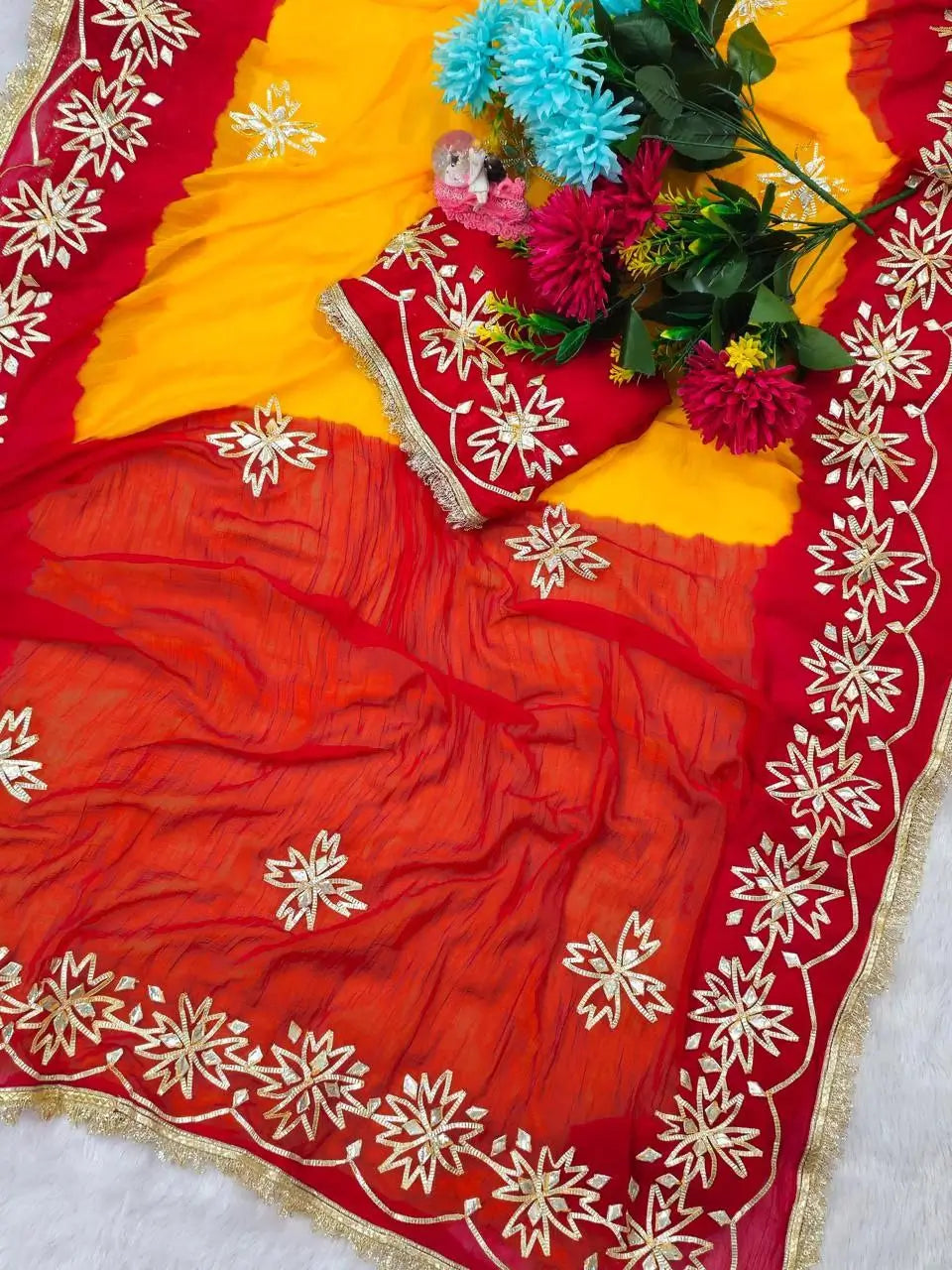 Red & Yellow Pure Chiffon Saree with Original Kachhi Gotta patti Work