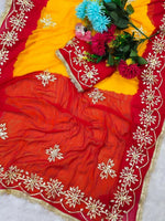 Red & Yellow Pure Chiffon Saree with Original Kachhi Gotta patti Work