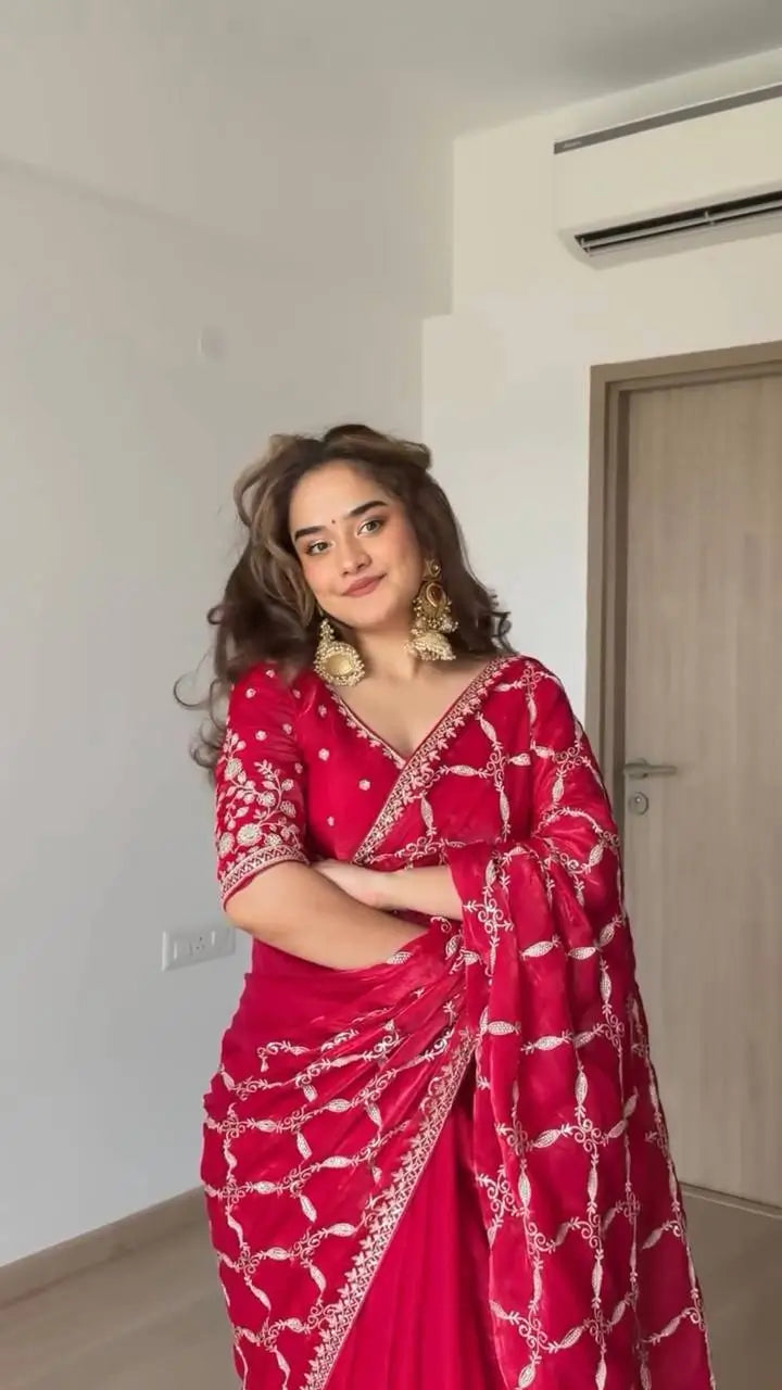 Red Zari Jaal Saree