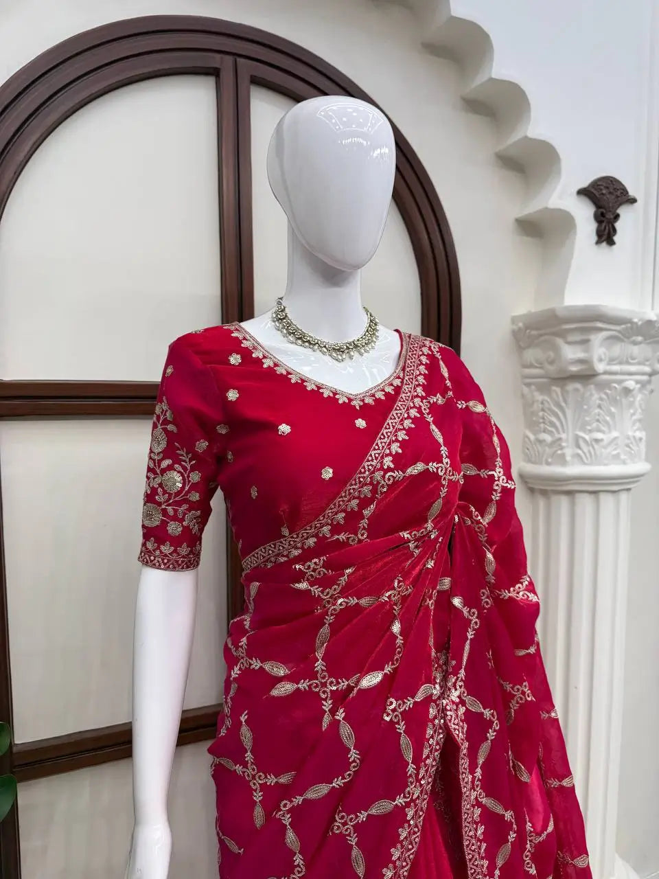 Red Zari Jaal Saree