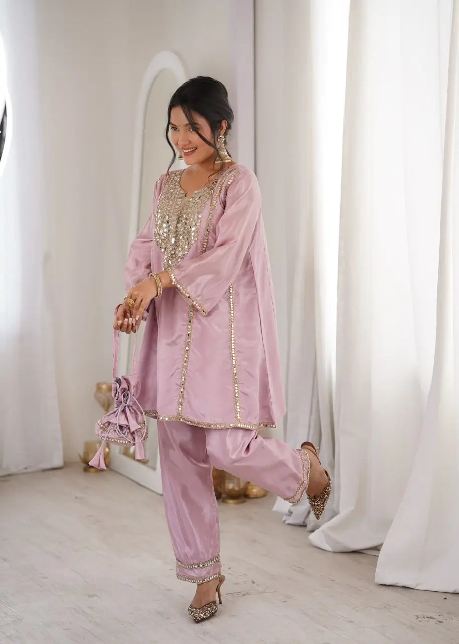 Regal Mirror Work Silk Kurta Pant Set with Batwa for Festive and Wedding Wear
