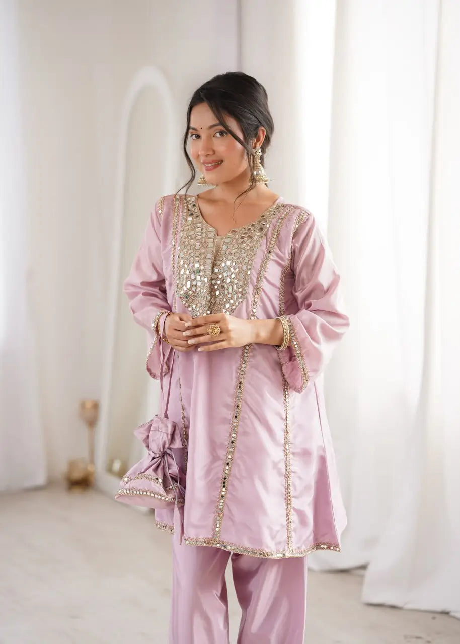 Regal Mirror Work Silk Kurta Pant Set with Batwa for Festive and Wedding Wear