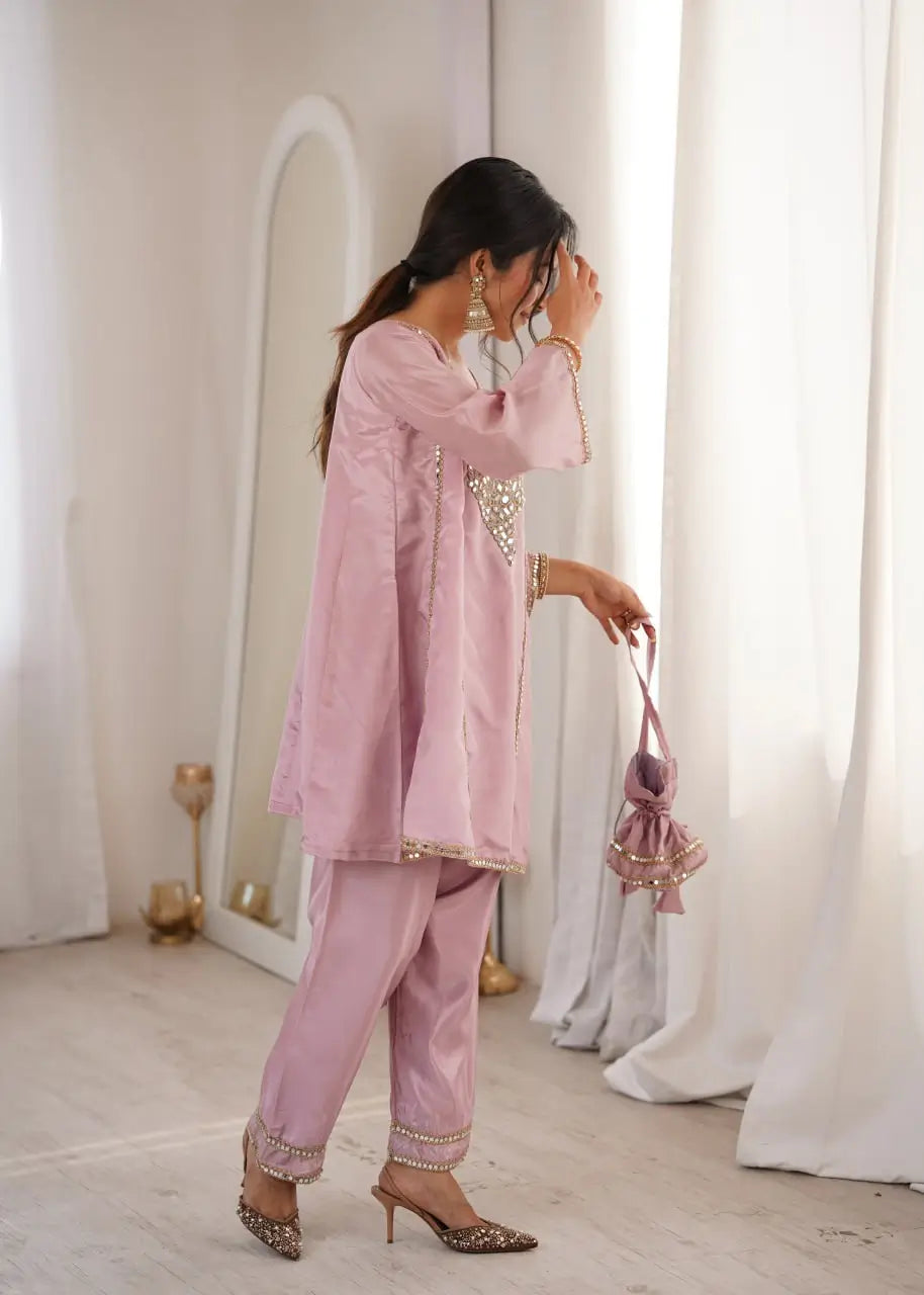 Regal Mirror Work Silk Kurta Pant Set with Batwa for Festive and Wedding Wear