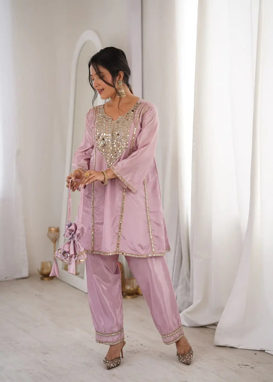 Regal Mirror Work Silk Kurta Pant Set with Batwa for Festive and Wedding Wear