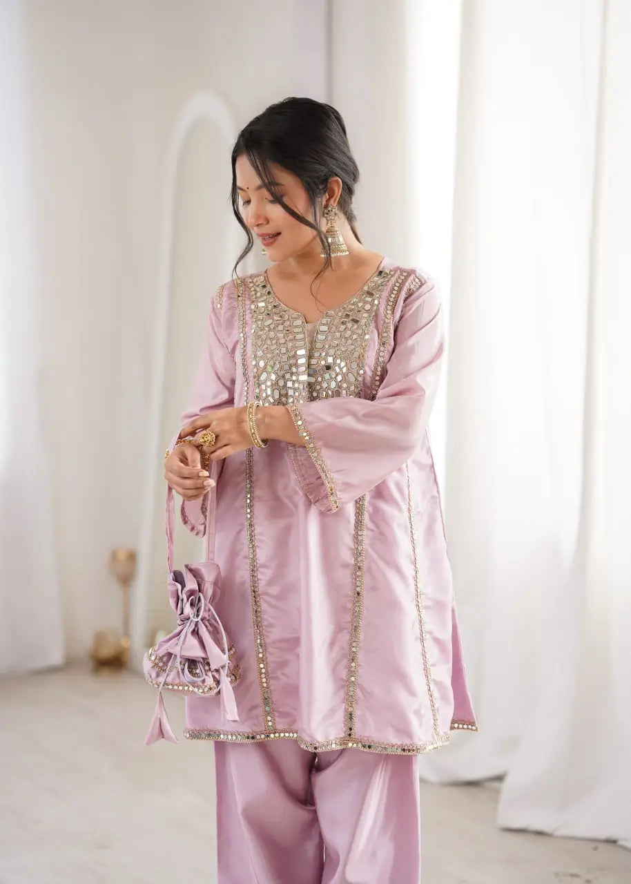 Regal Mirror Work Silk Kurta Pant Set with Batwa for Festive and Wedding Wear