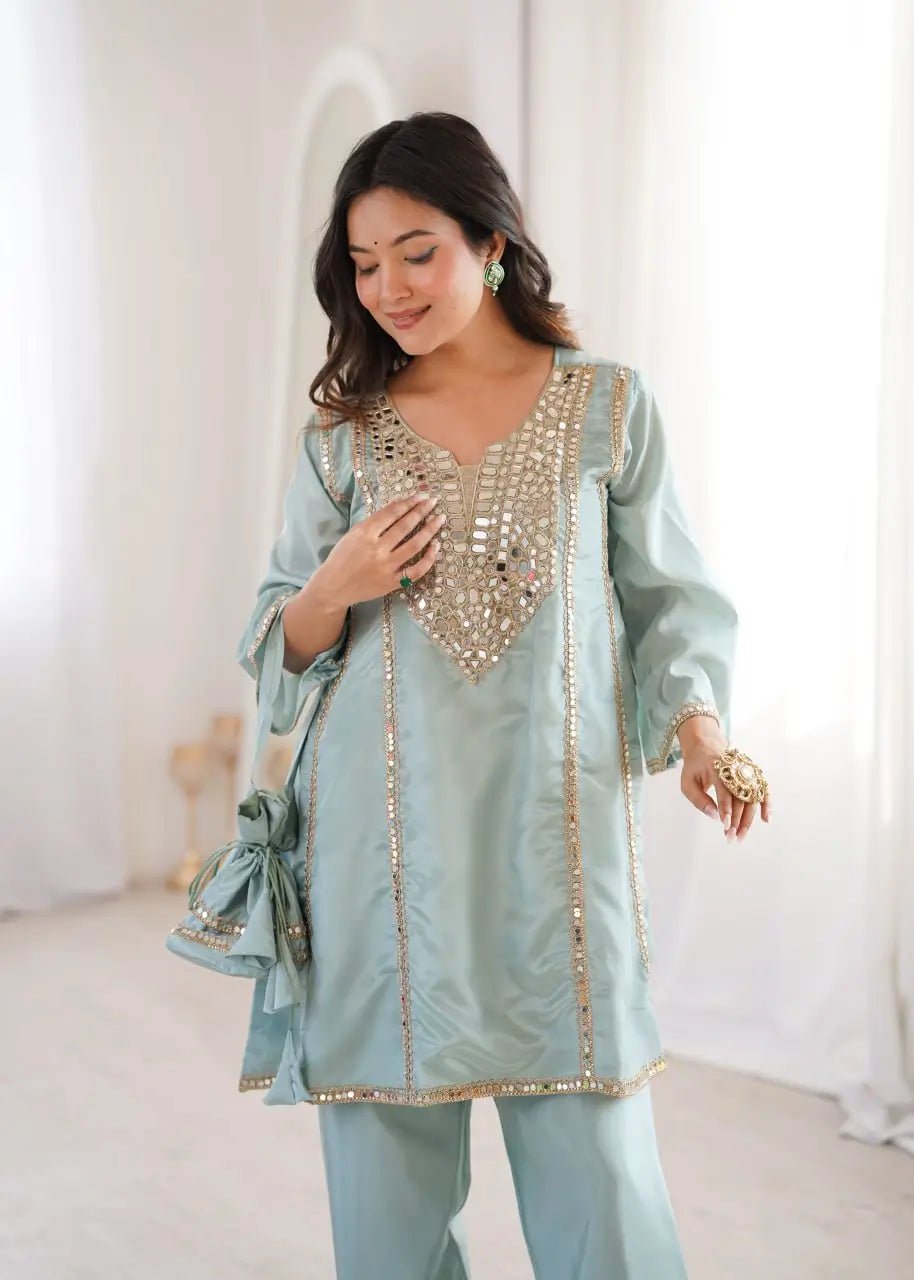 Regal Mirror Work Silk Kurta Pant Set with Batwa for Festive and Wedding Wear