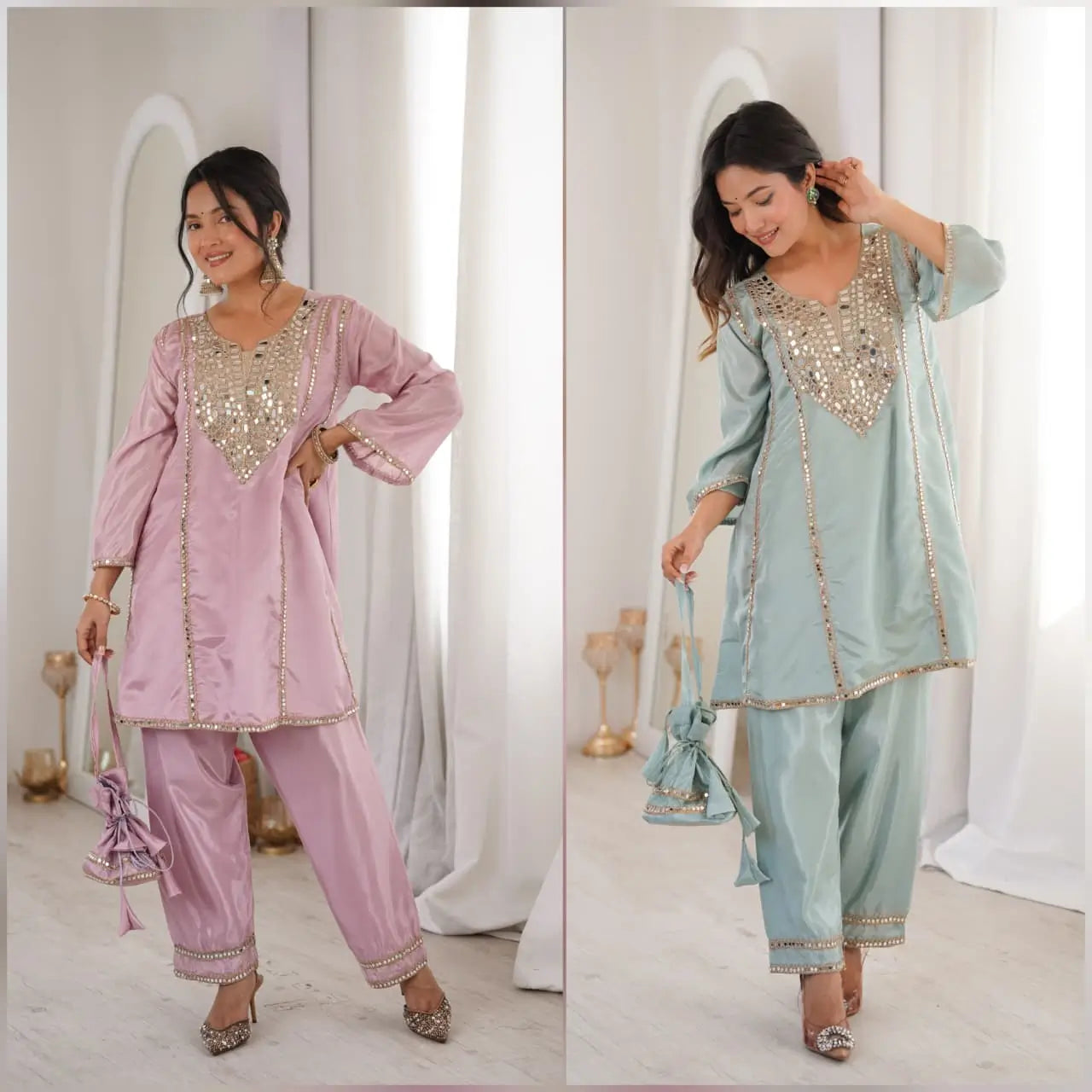 Regal Mirror Work Silk Kurta Pant Set with Batwa for Festive and Wedding Wear