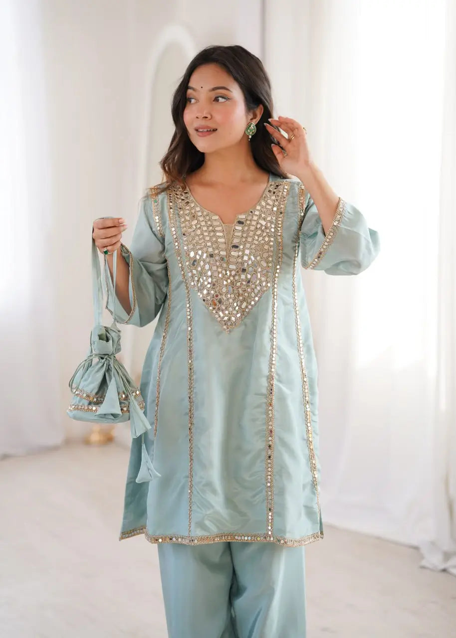 Regal Mirror Work Silk Kurta Pant Set with Batwa for Festive and Wedding Wear