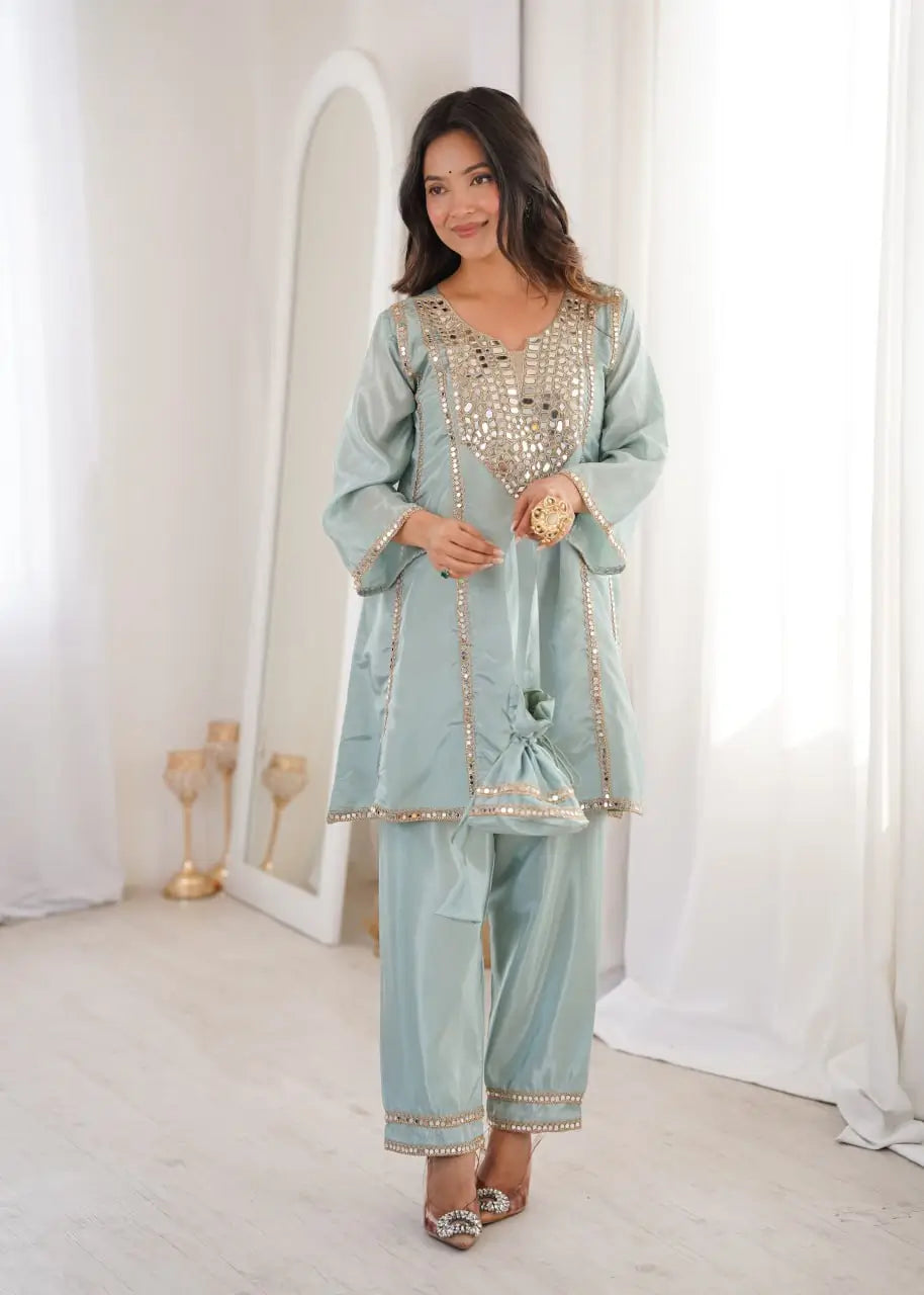 Regal Mirror Work Silk Kurta Pant Set with Batwa for Festive and Wedding Wear