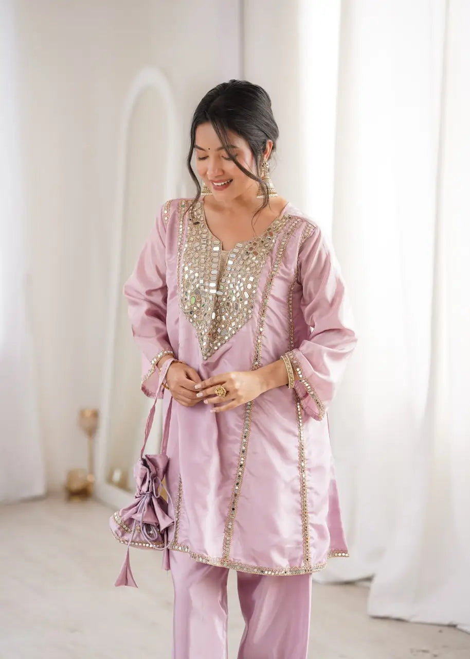 Regal Mirror Work Silk Kurta Pant Set with Batwa for Festive and Wedding Wear