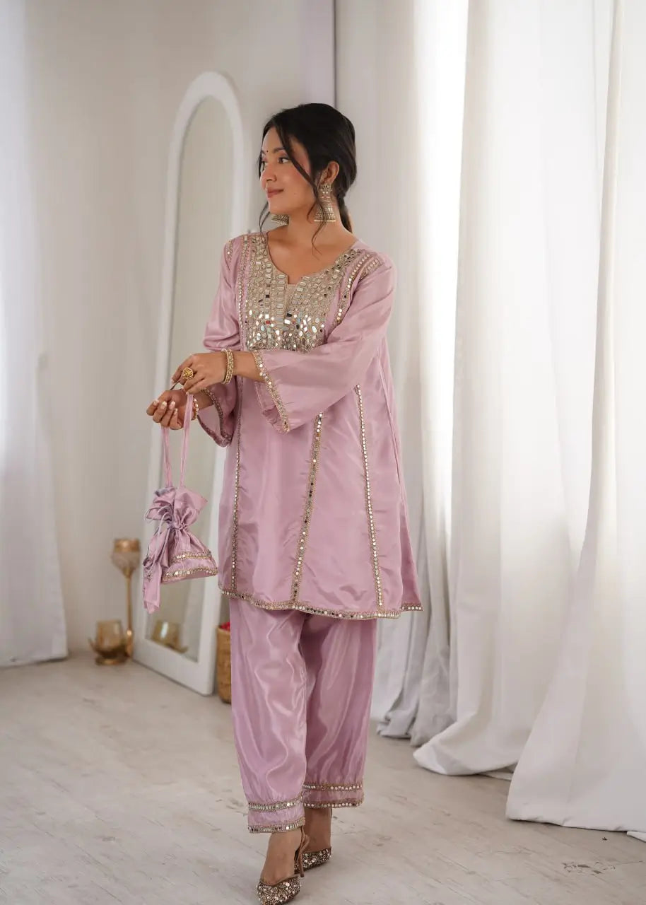 Regal Mirror Work Silk Kurta Pant Set with Batwa for Festive and Wedding Wear