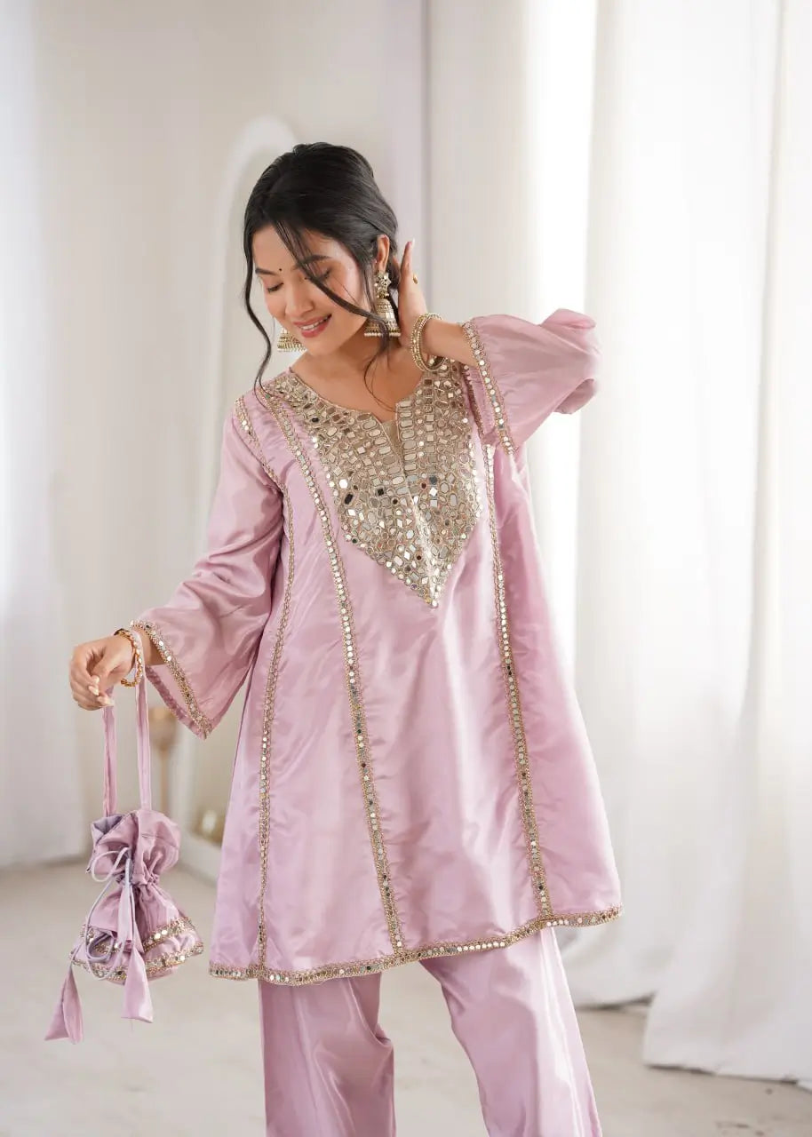 Regal Mirror Work Silk Kurta Pant Set with Batwa for Festive and Wedding Wear