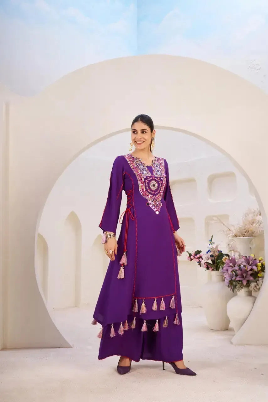 Reyon Mirror Work Cord Set with Palazzo & Tassel Detailing