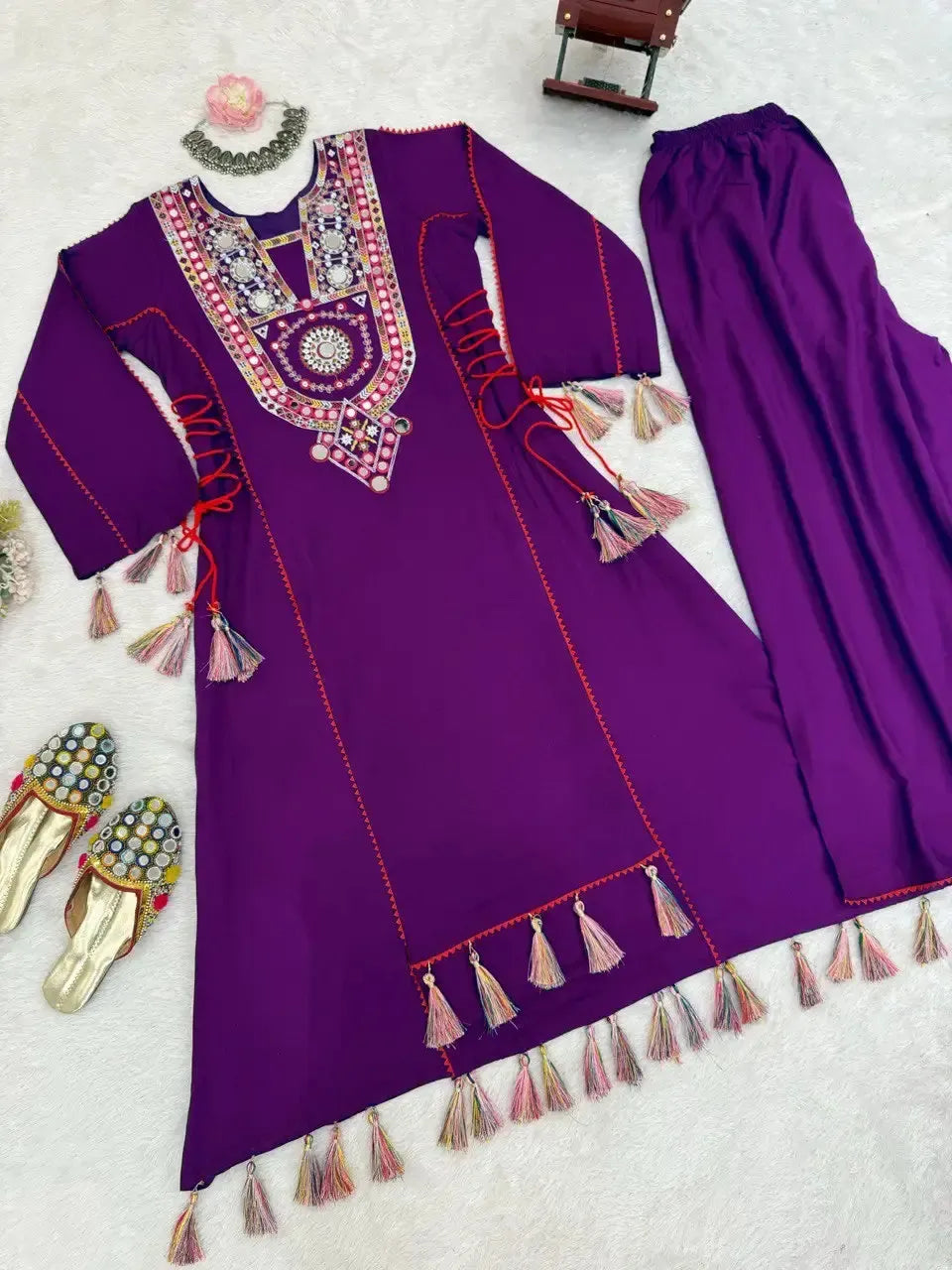 Reyon Mirror Work Cord Set with Palazzo & Tassel Detailing
