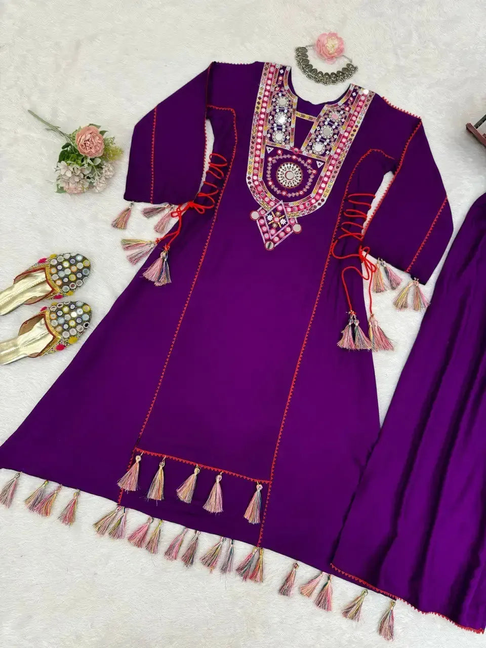 Reyon Mirror Work Cord Set with Palazzo & Tassel Detailing