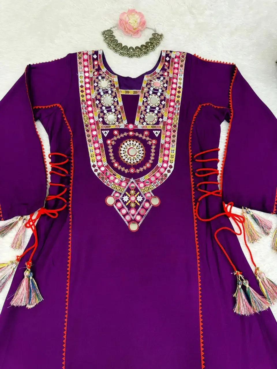 Reyon Mirror Work Cord Set with Palazzo & Tassel Detailing