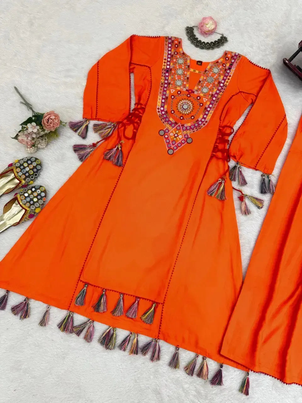 Reyon Mirror Work Cord Set with Palazzo & Tassel Detailing