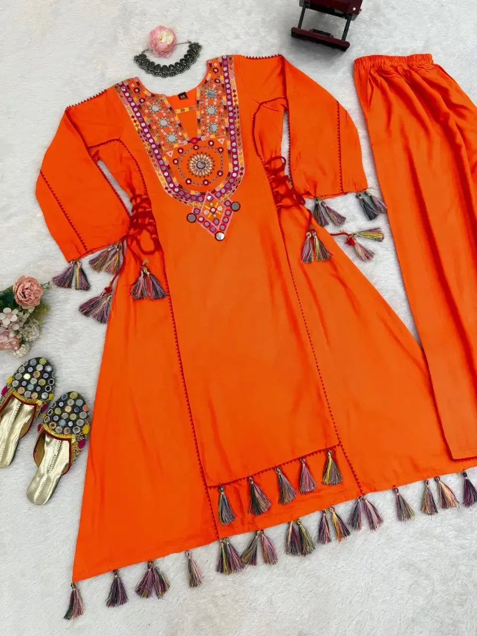 Reyon Mirror Work Cord Set with Palazzo & Tassel Detailing