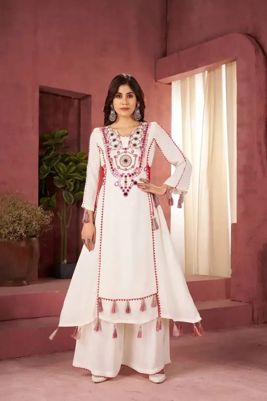 Reyon Mirror Work Cord Set with Palazzo & Tassel Detailing