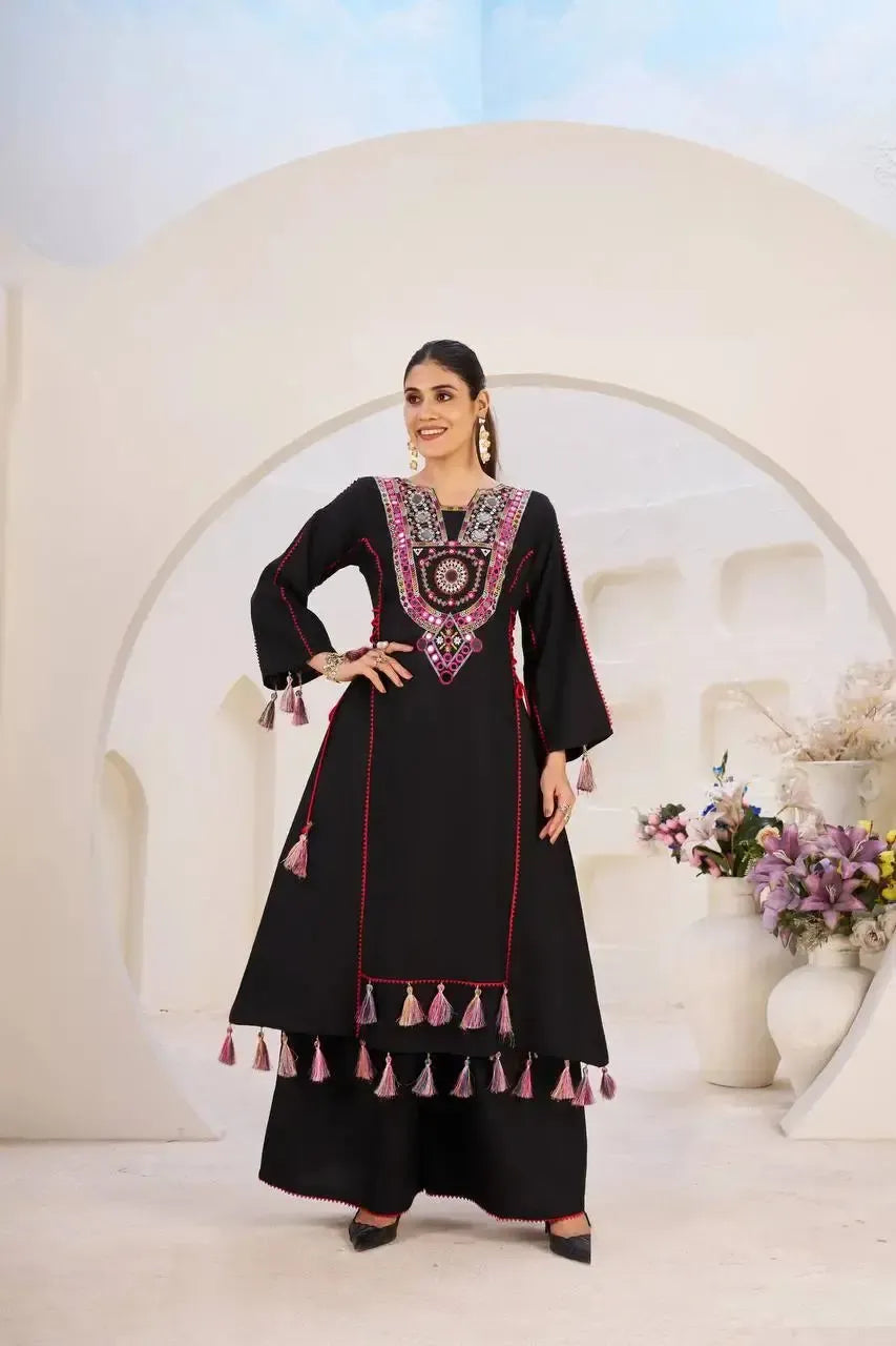 Reyon Mirror Work Cord Set with Palazzo & Tassel Detailing