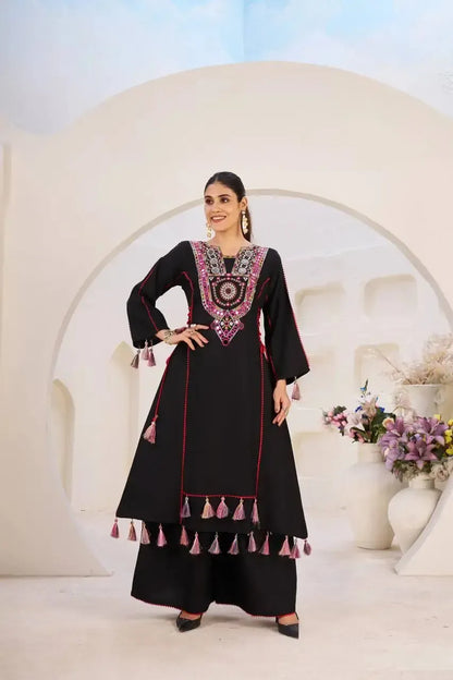Reyon Mirror Work Cord Set with Palazzo & Tassel Detailing