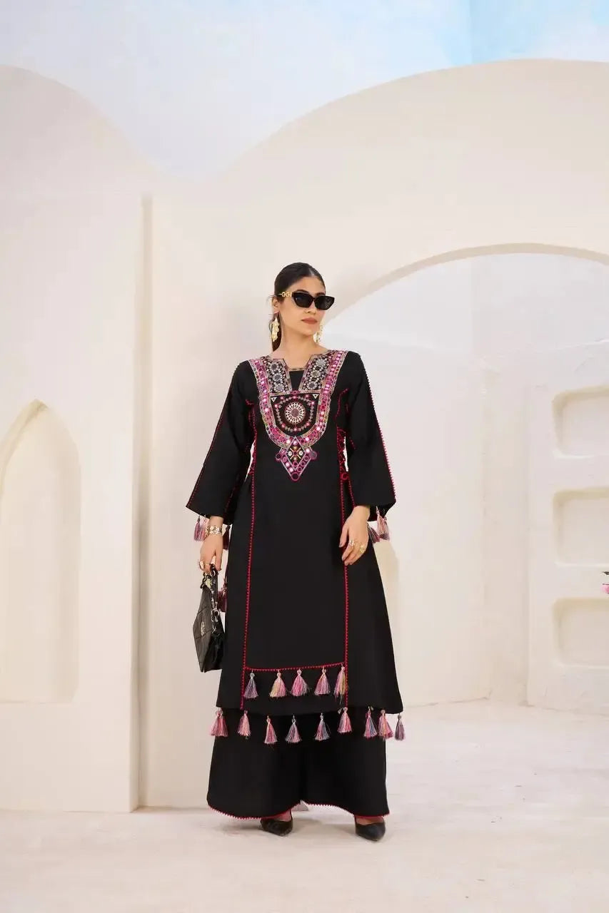Reyon Mirror Work Cord Set with Palazzo & Tassel Detailing