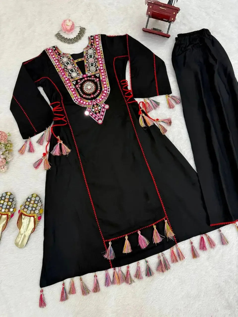 Reyon Mirror Work Cord Set with Palazzo & Tassel Detailing