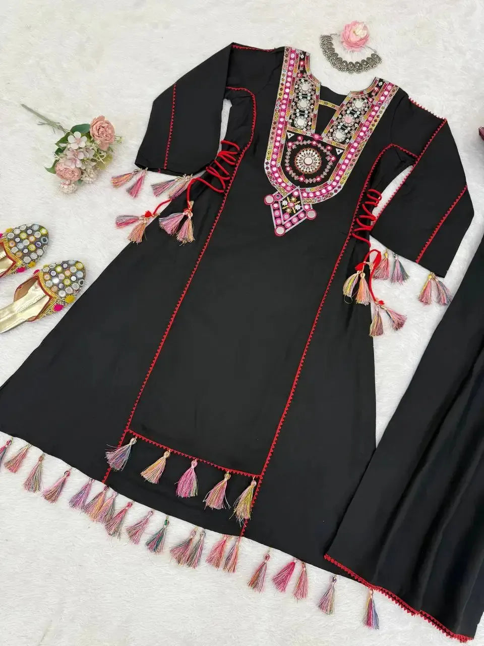 Reyon Mirror Work Cord Set with Palazzo & Tassel Detailing
