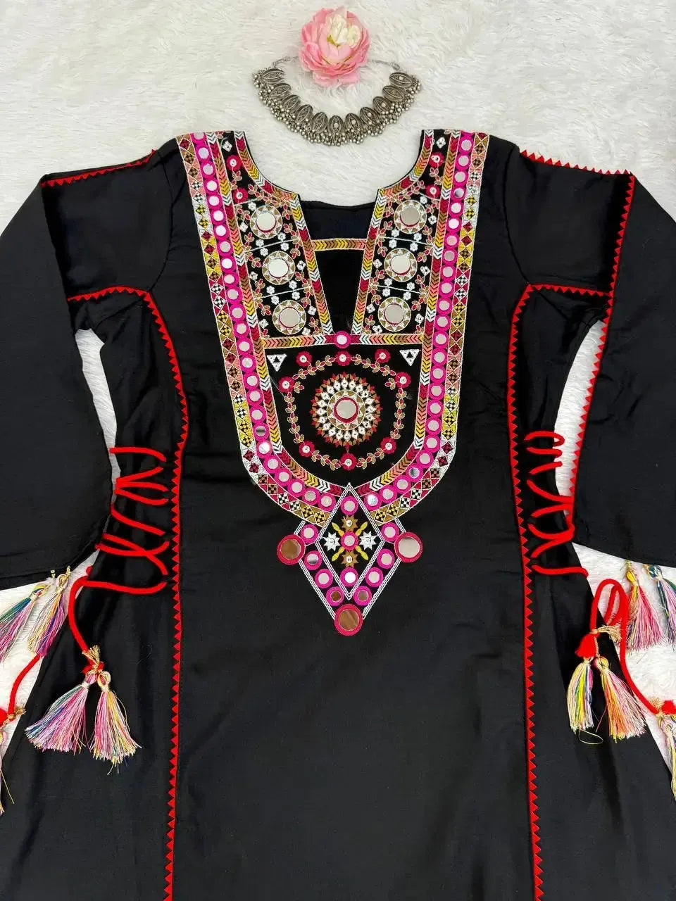 Reyon Mirror Work Cord Set with Palazzo & Tassel Detailing