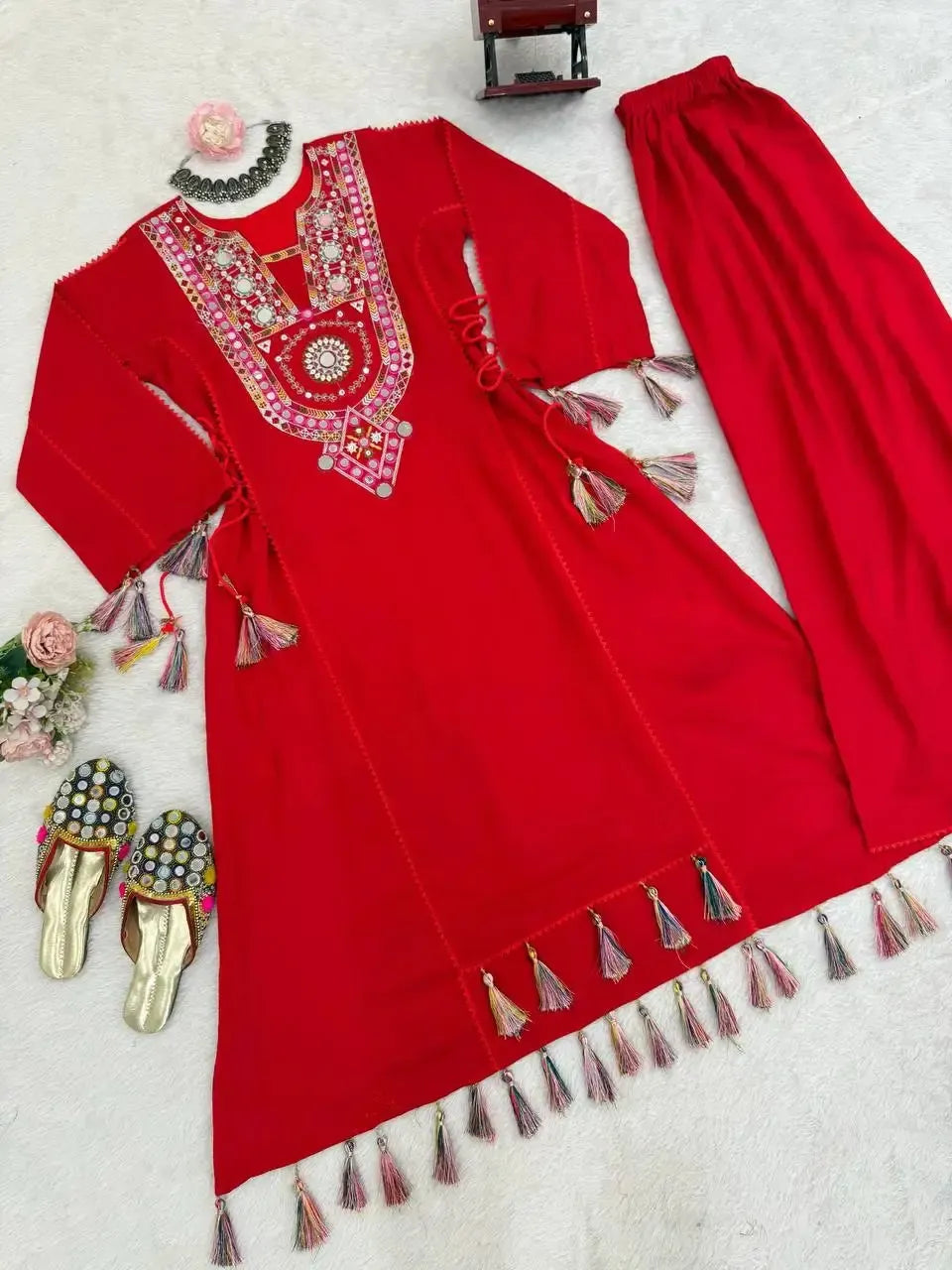 Reyon Mirror Work Cord Set with Palazzo & Tassel Detailing