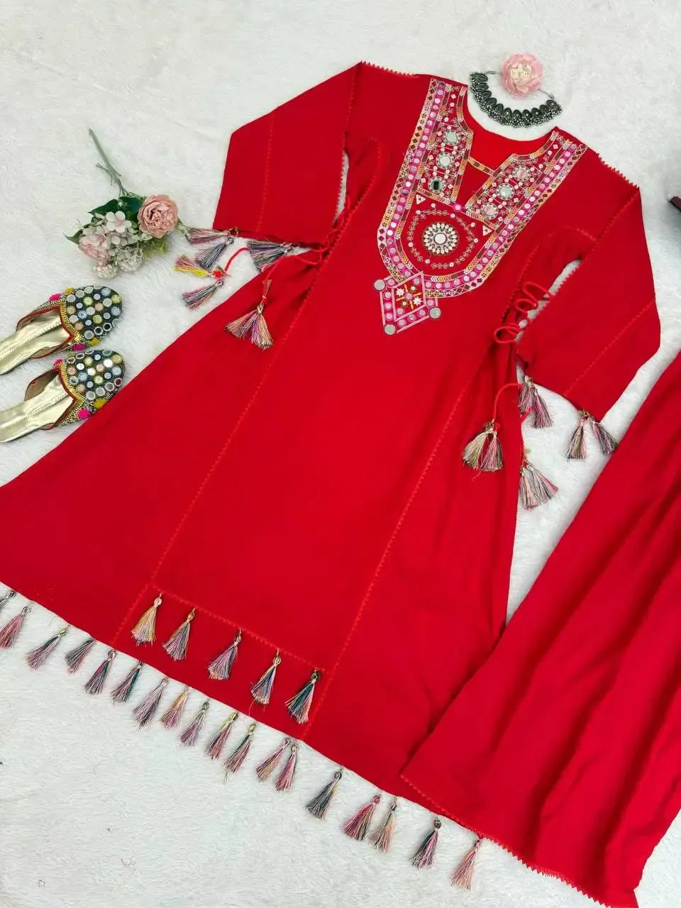 Reyon Mirror Work Cord Set with Palazzo & Tassel Detailing