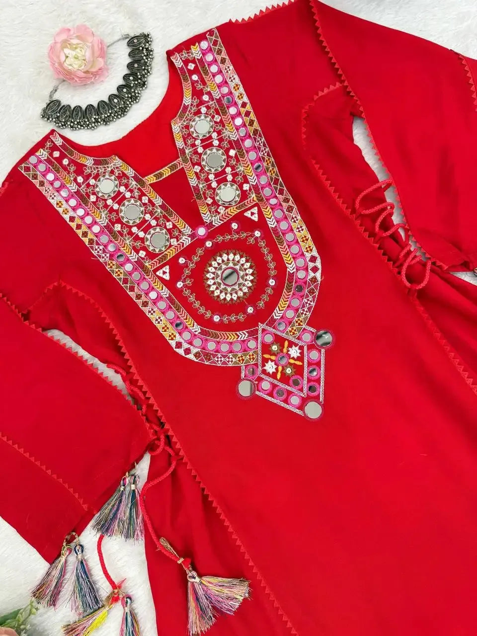 Reyon Mirror Work Cord Set with Palazzo & Tassel Detailing