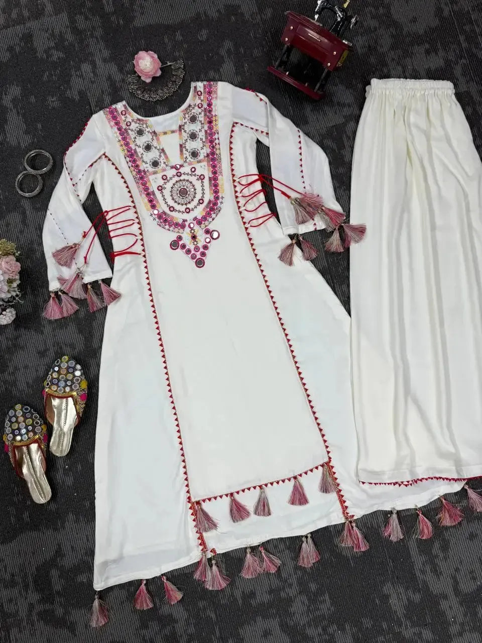 Reyon Mirror Work Cord Set with Palazzo & Tassel Detailing