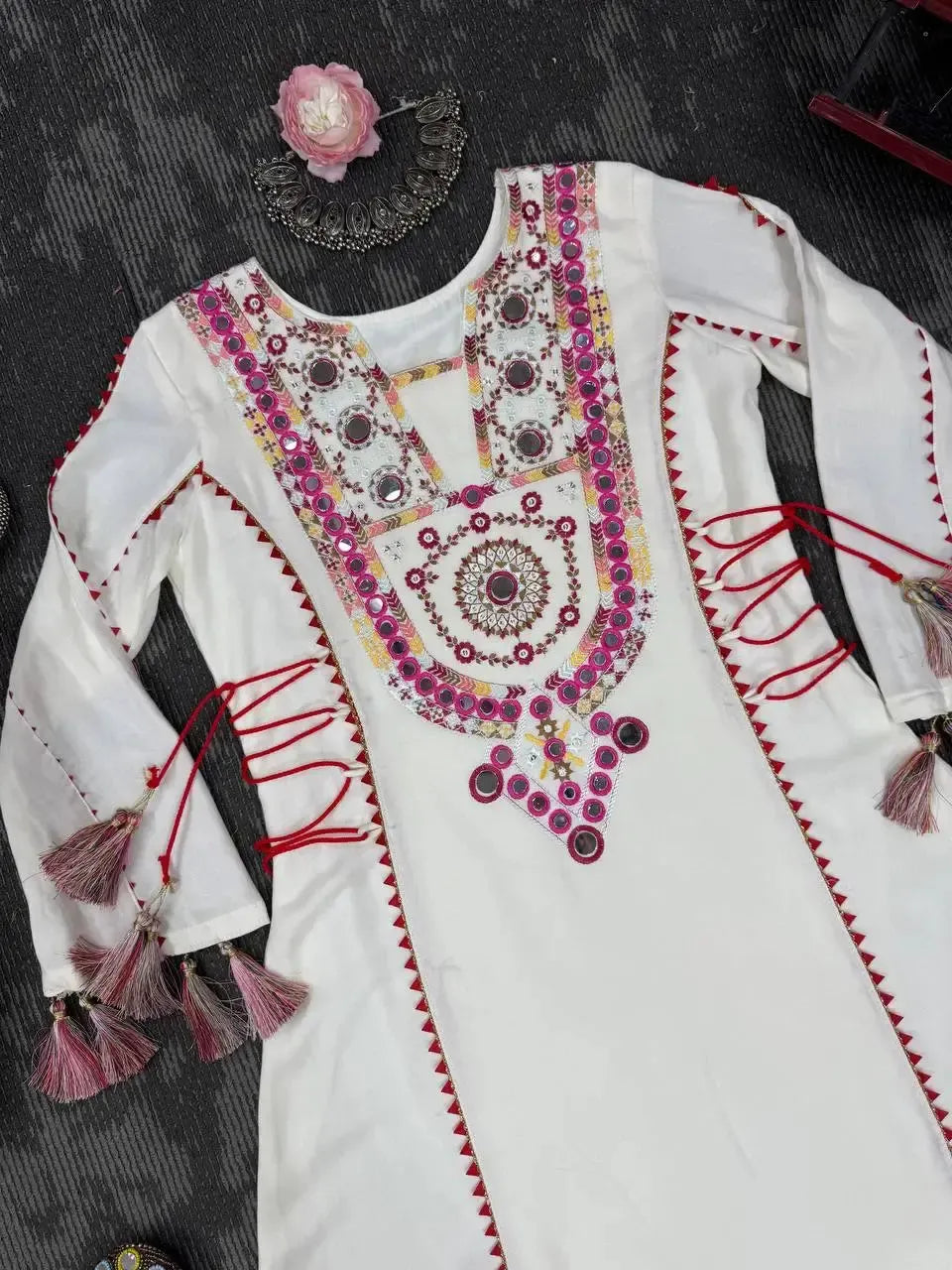 Reyon Mirror Work Cord Set with Palazzo & Tassel Detailing