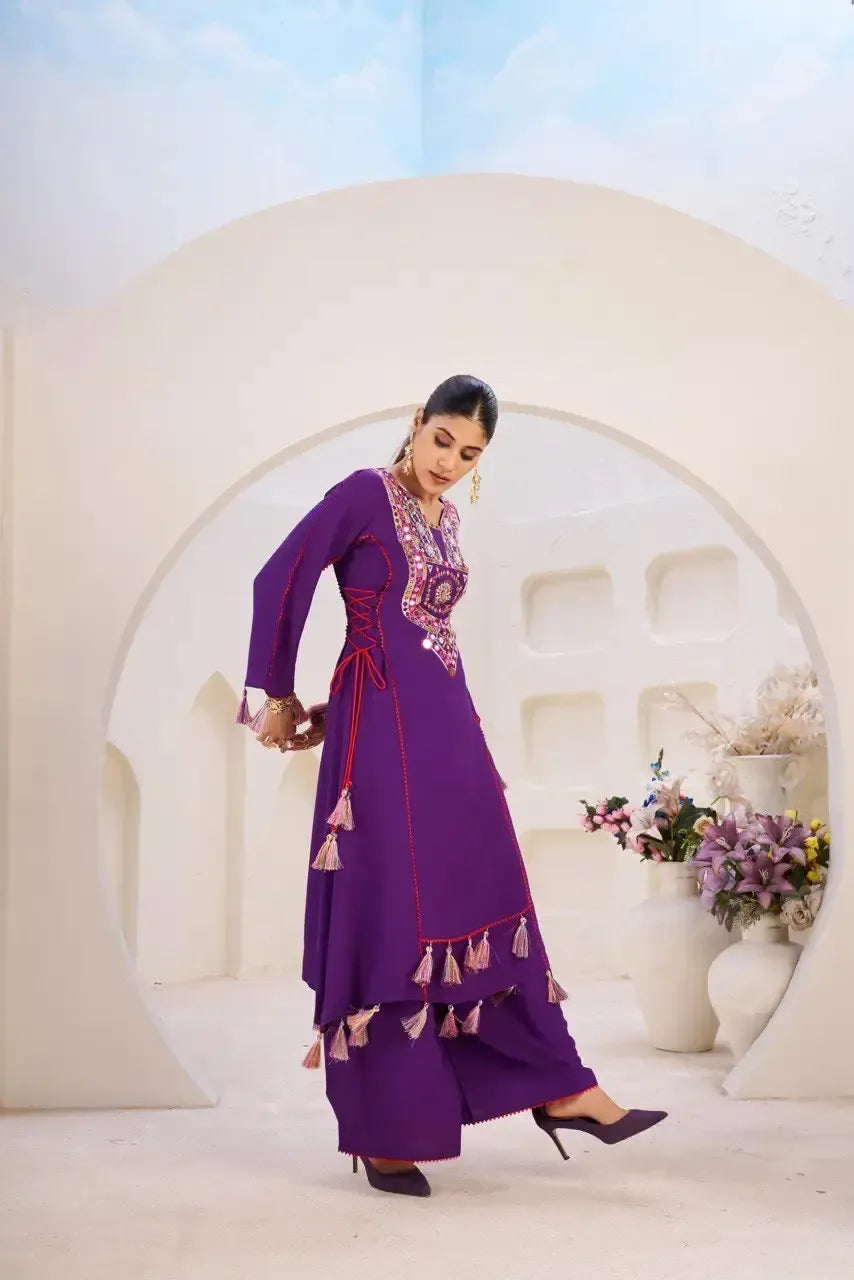Reyon Mirror Work Cord Set with Palazzo & Tassel Detailing