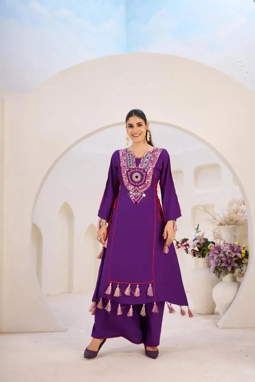 Reyon Mirror Work Cord Set with Palazzo & Tassel Detailing