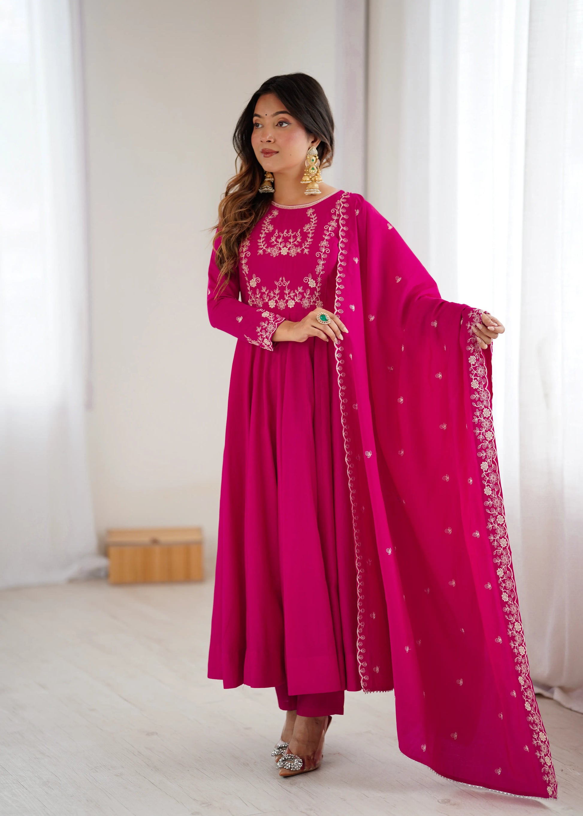 Roman Chanderi Silk Embroidered Anarkali Suit Set