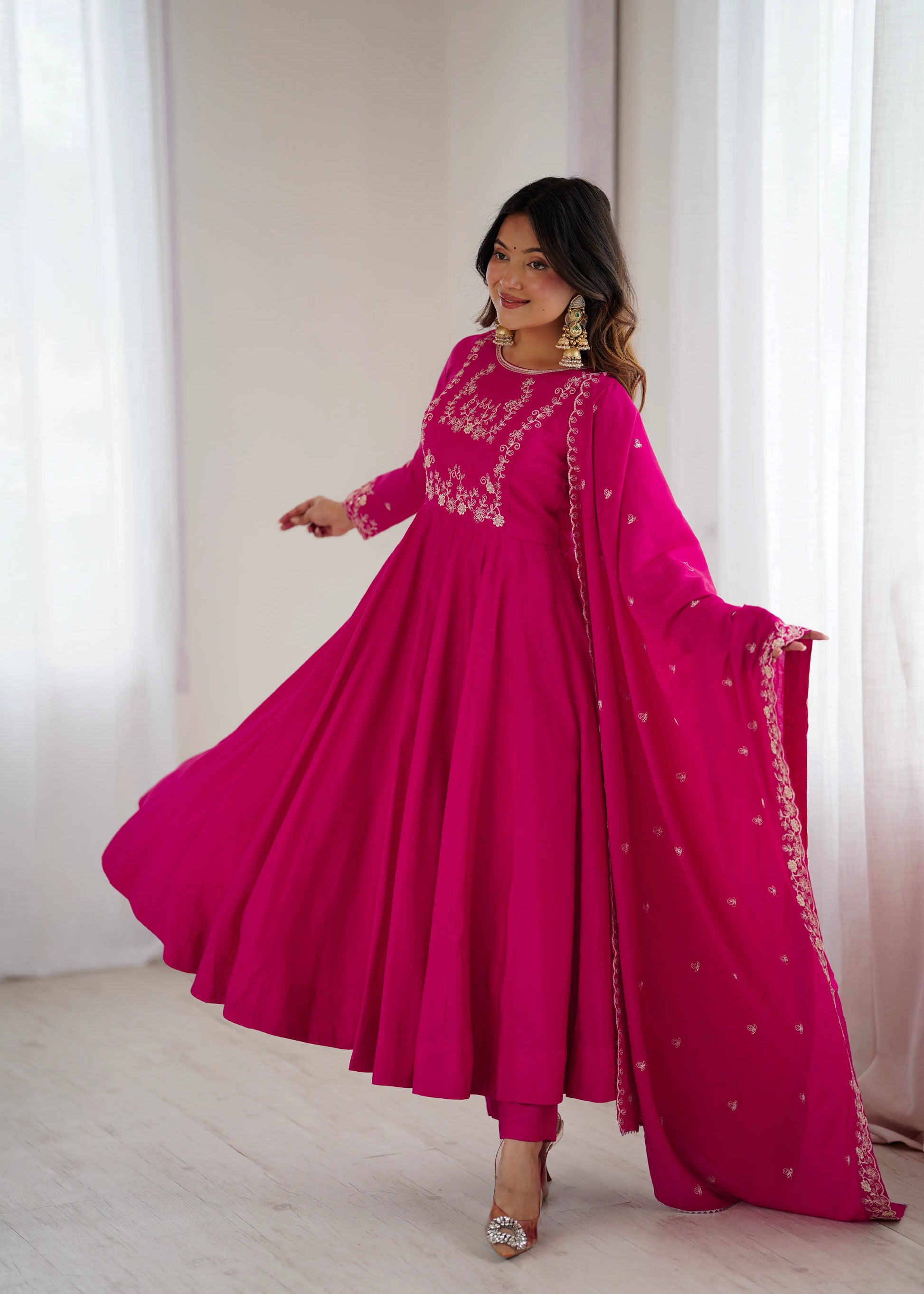 Roman Chanderi Silk Embroidered Anarkali Suit Set