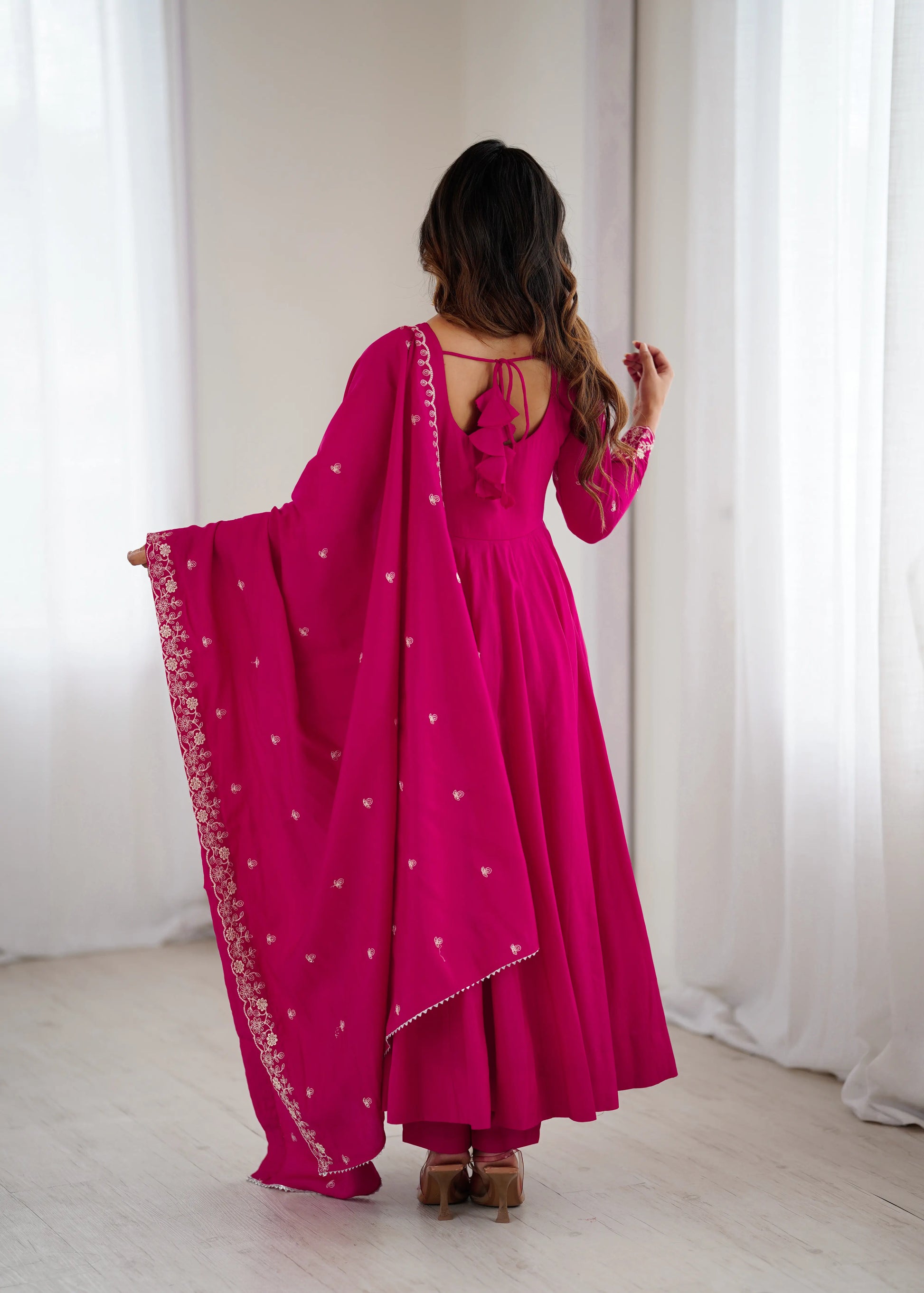Roman Chanderi Silk Embroidered Anarkali Suit Set