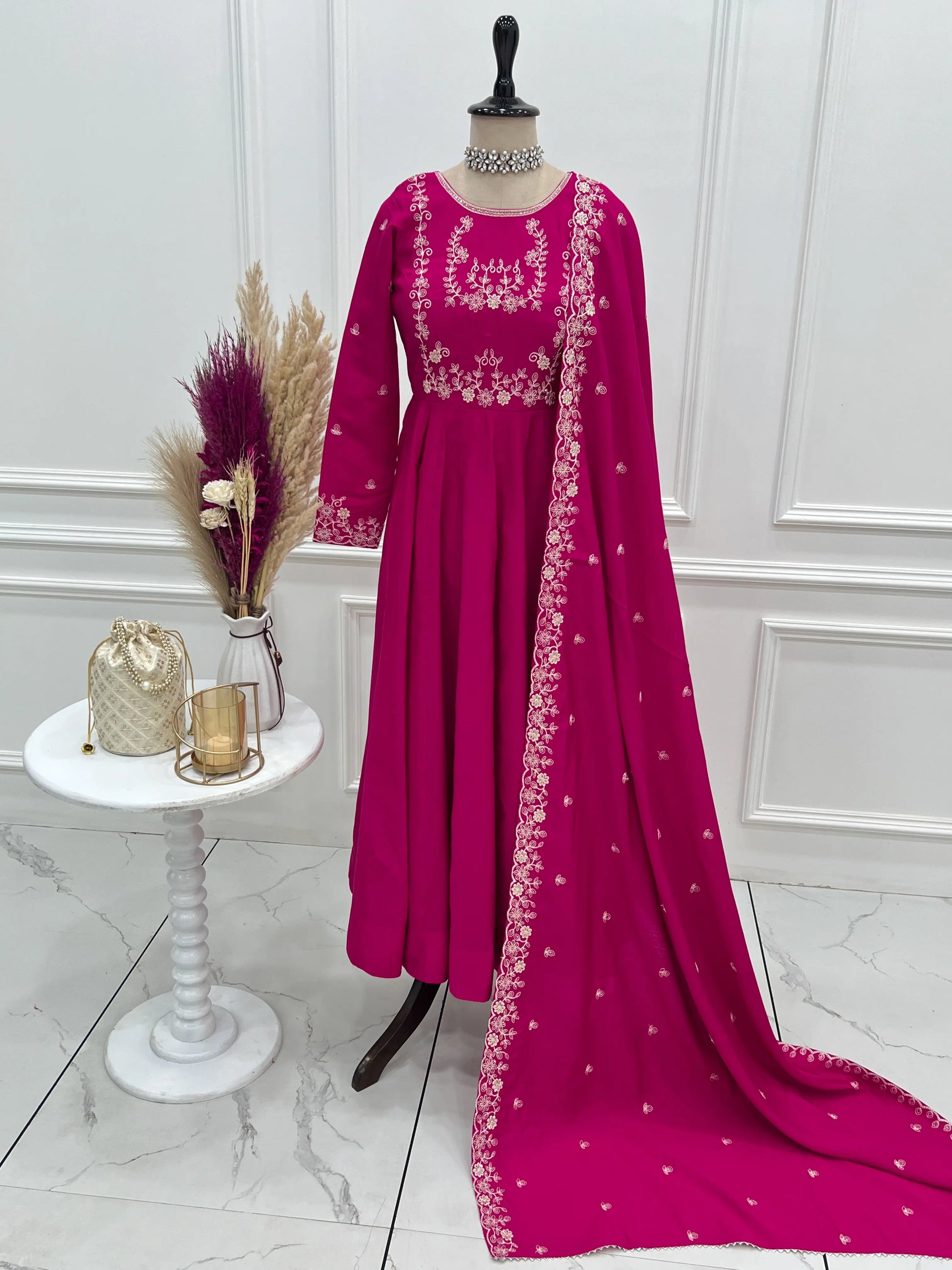 Roman Chanderi Silk Embroidered Anarkali Suit Set
