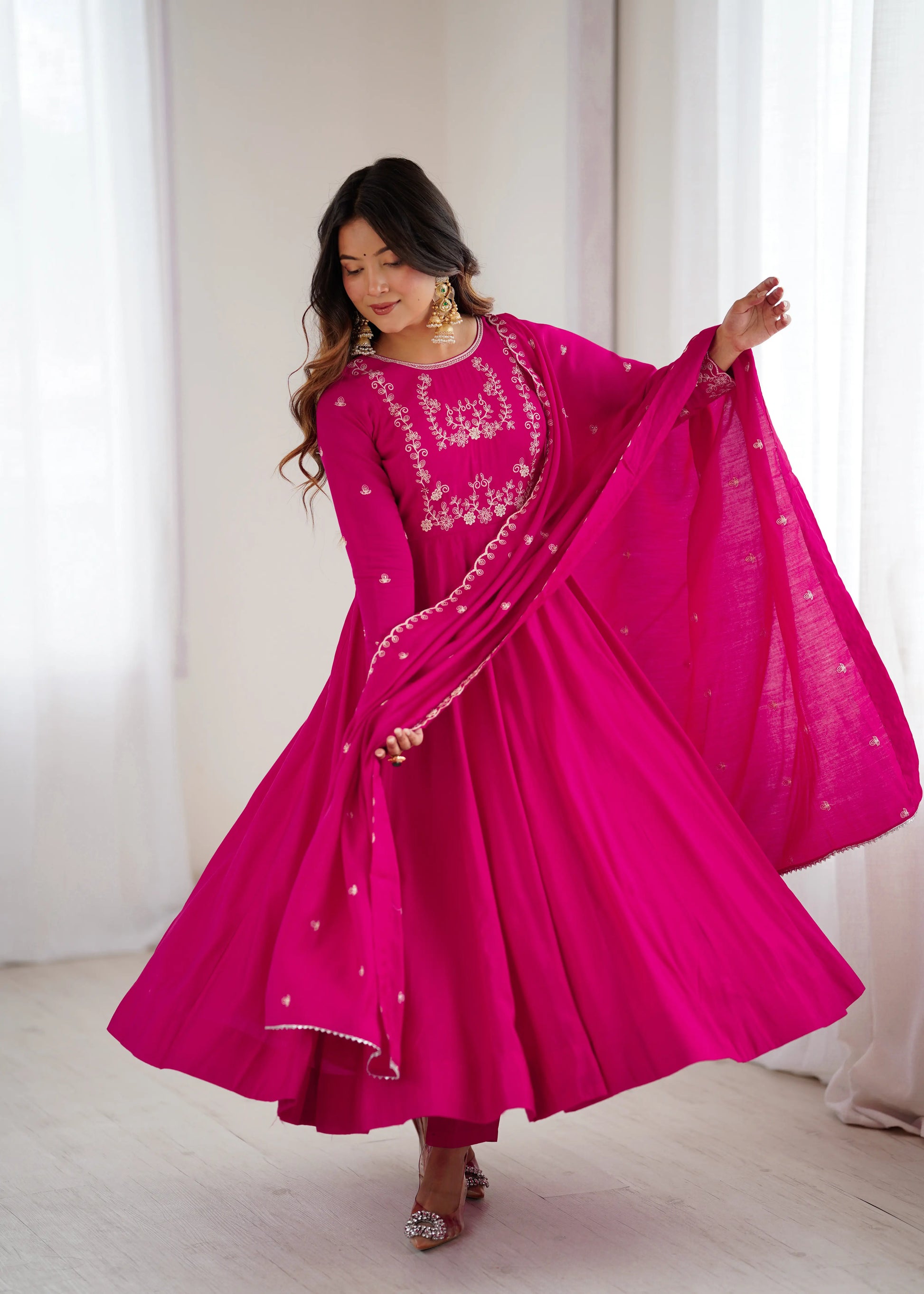 Roman Chanderi Silk Embroidered Anarkali Suit Set